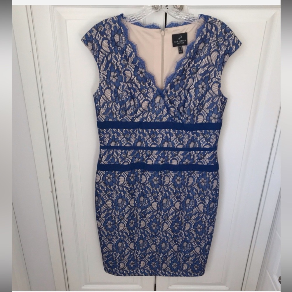 Adrianna Papell Blue Lace Midi Dress with Nude Lining
